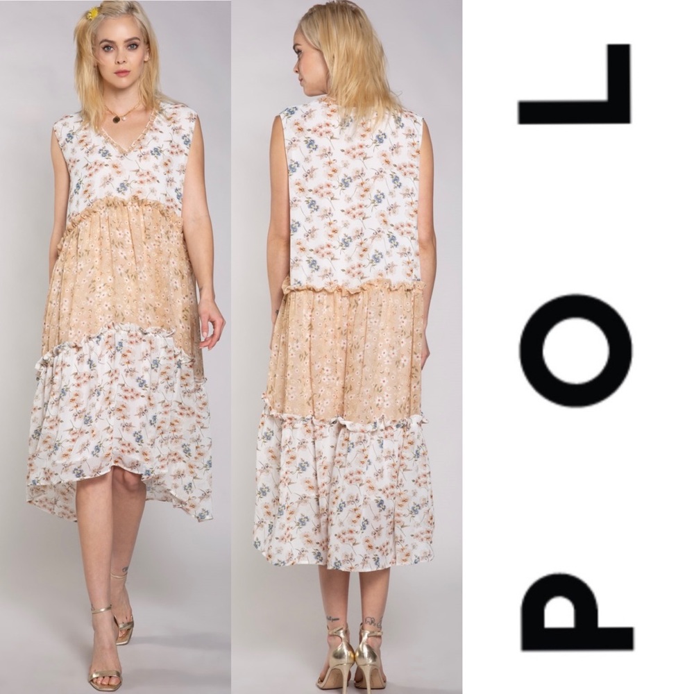 POL Three Tiered Floral Maxi Slip On Dress